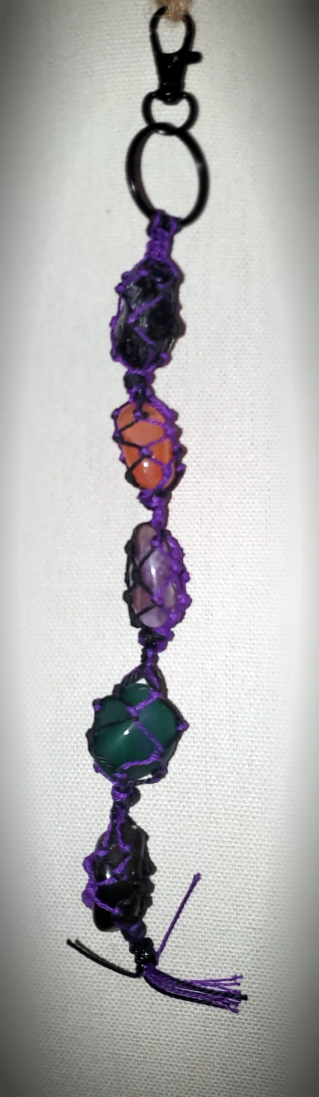 Biker Crystal Protection Key Chain with Purple Cord