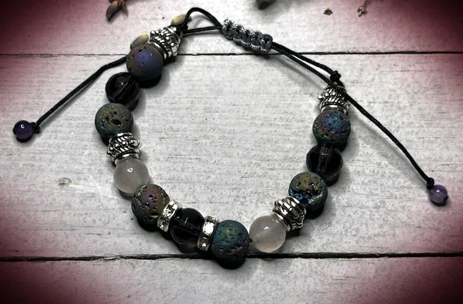 Wearable Wellness - Rose Quartz & Purple Glass Adjustable Lava Bracelet