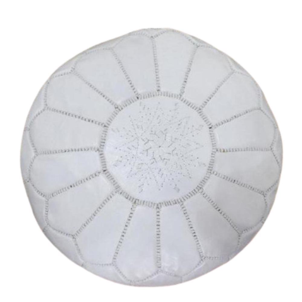 White Moroccan Leather Pouf Ottoman