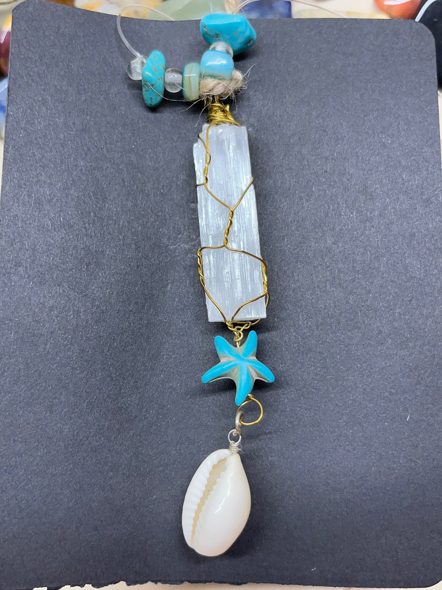Selenite Hanging Charm with Starfish & Shell
