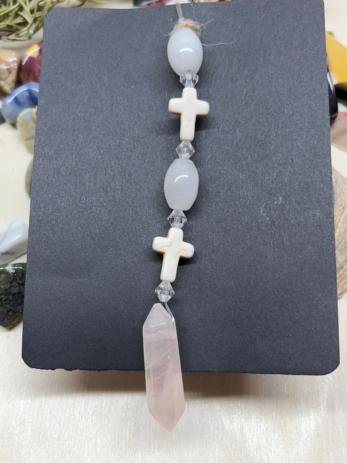 Rose Quartz Hanging Charm with Crosses