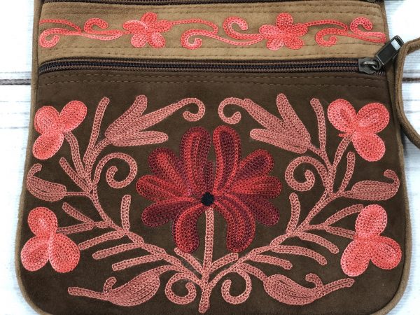 Suede Embroidered Five Zipper Cross-Body Bag