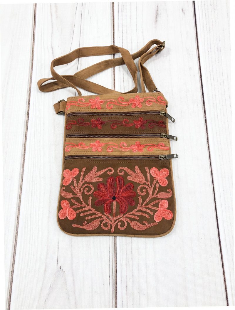 Suede Embroidered Five Zipper Cross-Body Bag