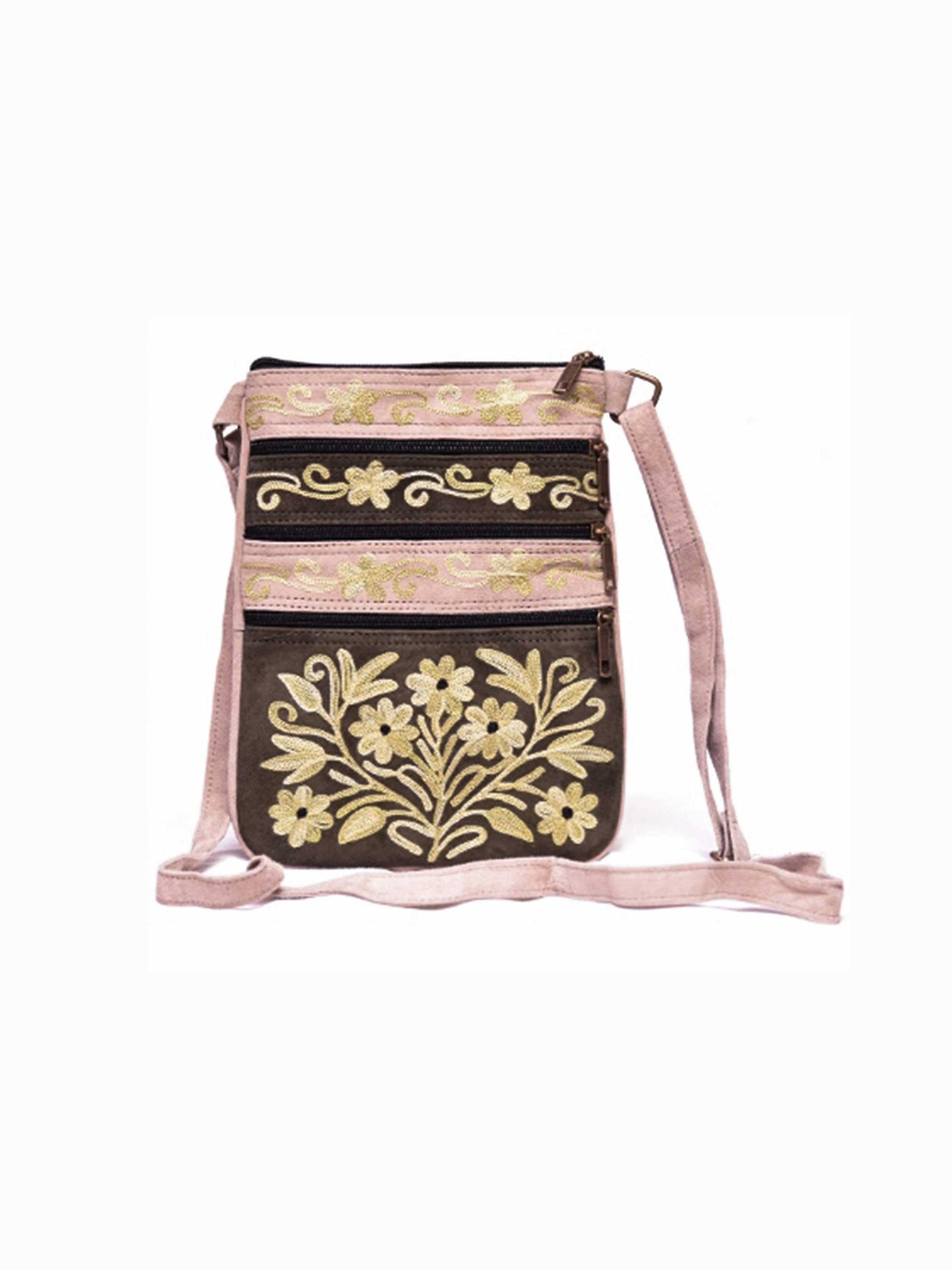 Suede Embroidered Five Zipper Cross-Body Bag