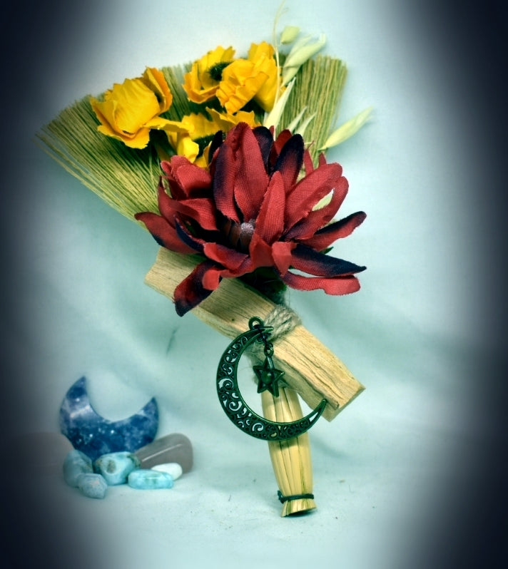 Witches Broom/Besom - With Red Flowers, Moon & Star, Palo Stick