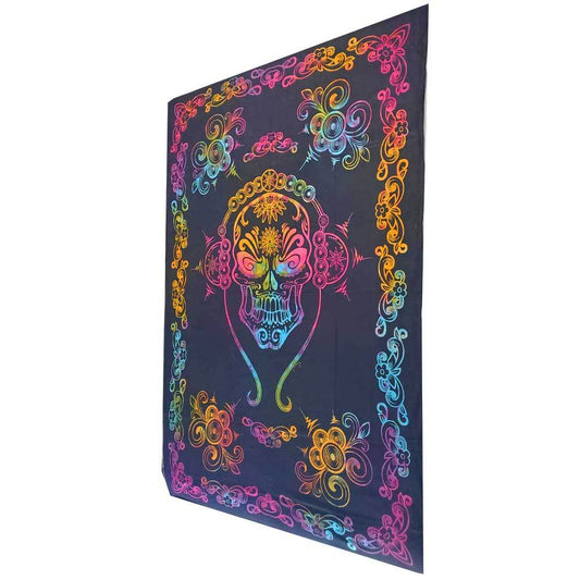 Gothic Skull Tapestry Tie Dye Pattern with Floral Border