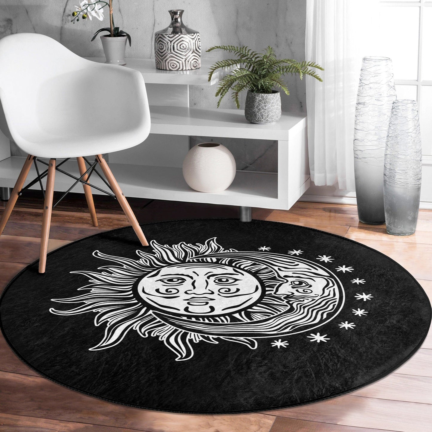 Medusa and Moon Pattern Boho Home Decor Washable Round Rug | Homeezone
