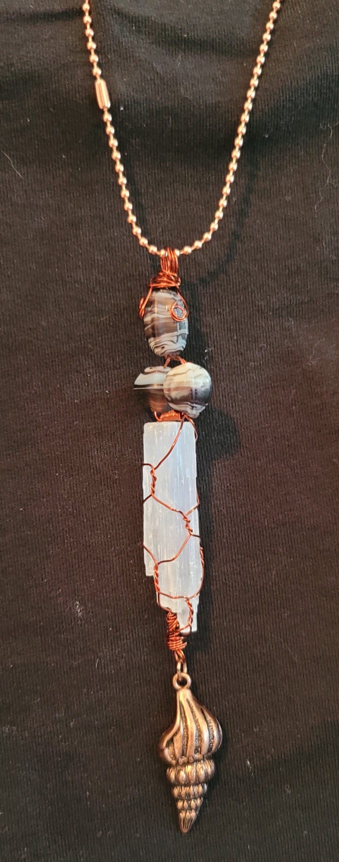 Selenite Hanging Charm in Copper with Shell