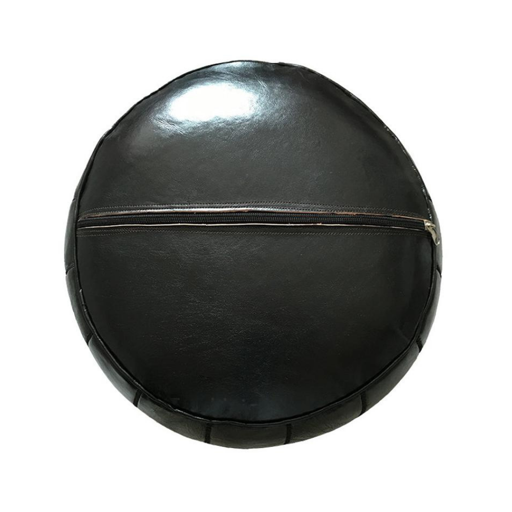 Solid Black Moroccan Leather Pouf Ottoman