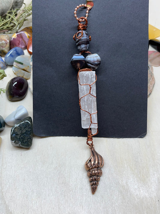 Selenite Hanging Charm in Copper with Shell