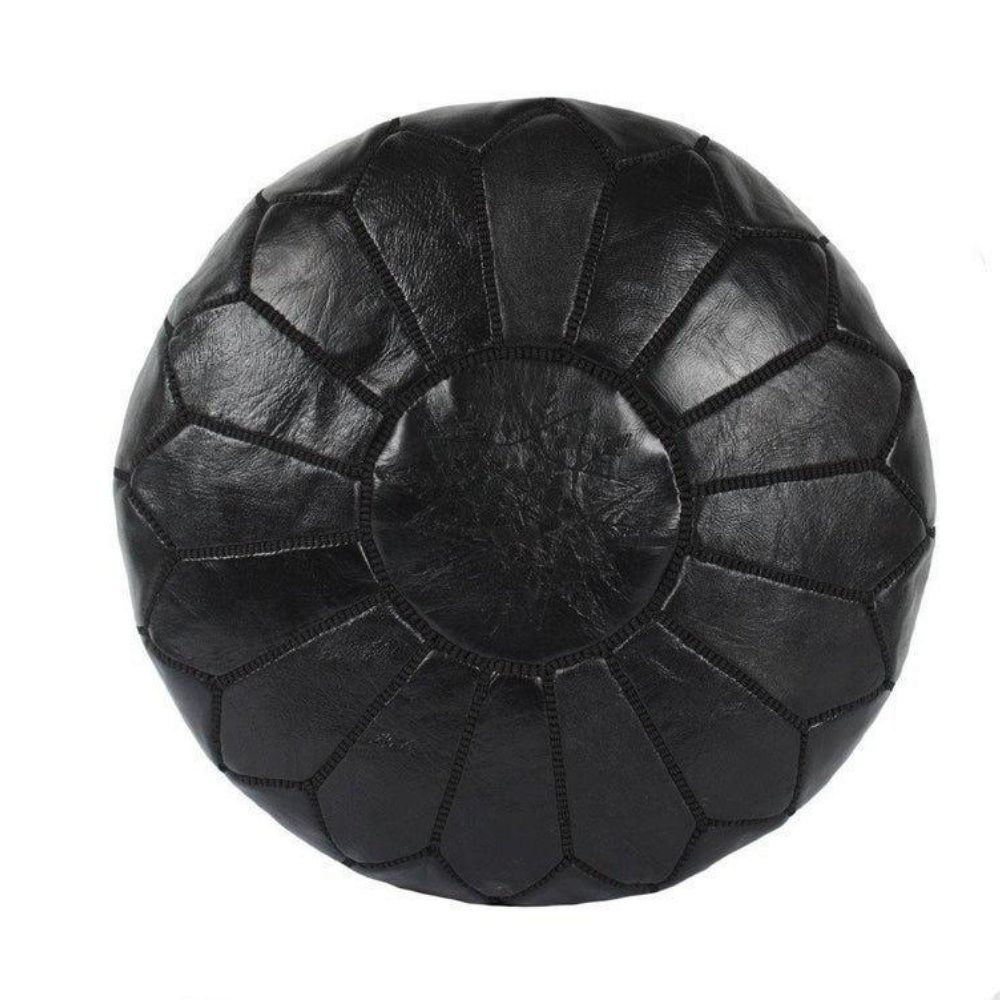 Solid Black Moroccan Leather Pouf Ottoman