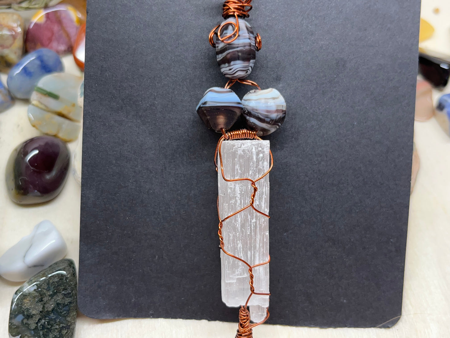 Selenite Hanging Charm in Copper with Shell