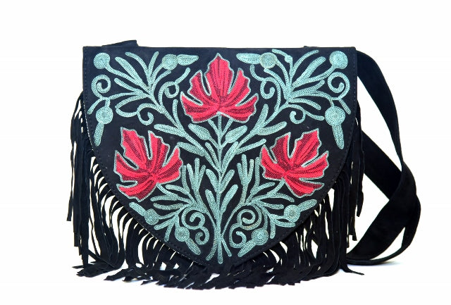 Handmade Green and Red Suede Embroidered Heart Shaped Bag