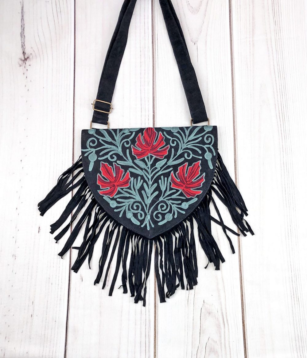 Handmade Green and Red Suede Embroidered Heart Shaped Bag