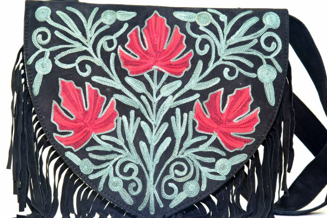 Handmade Green and Red Suede Embroidered Heart Shaped Bag