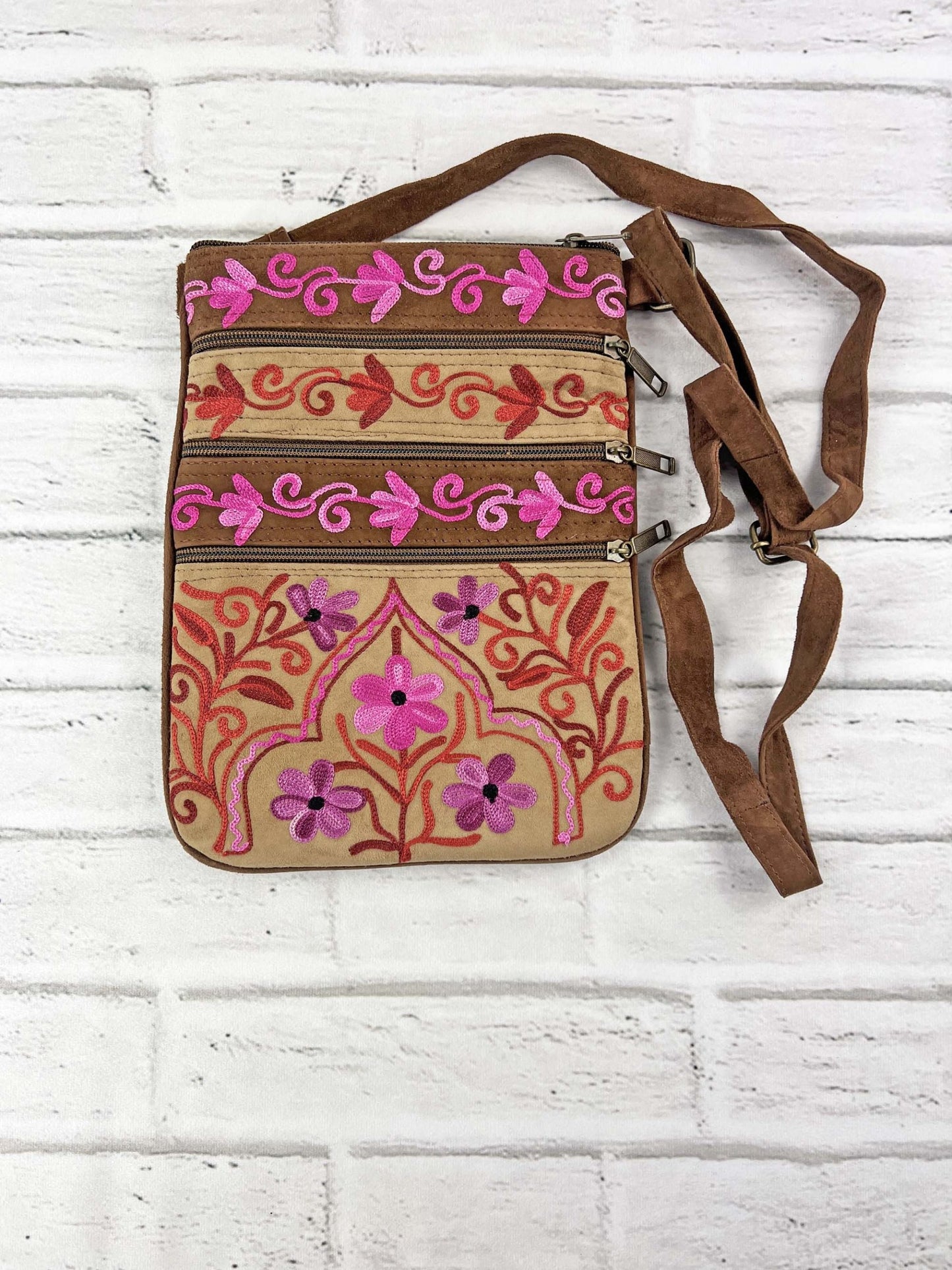 Suede Embroidered Five Zipper Cross-Body Bag