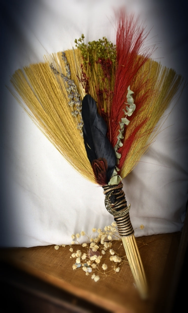 Witches Broom/Besom - With Black Feather & Moon