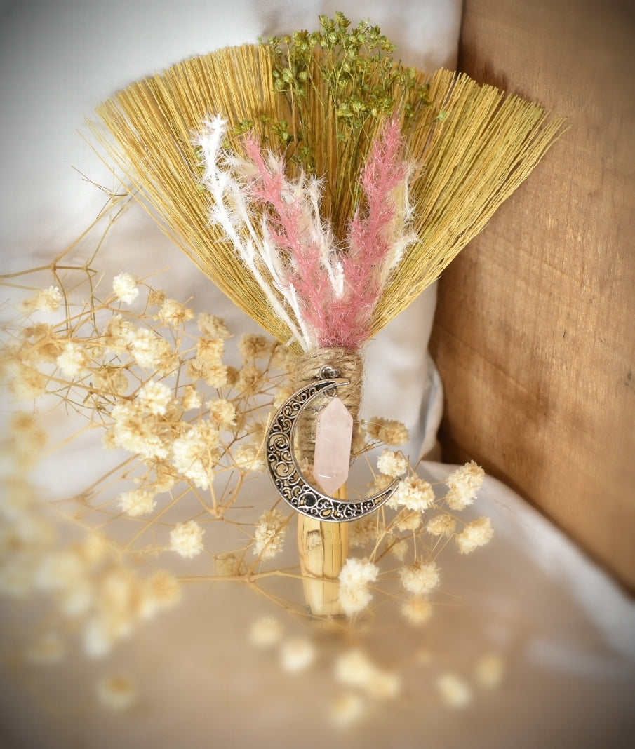 Witches Broom/Besom - With Rose Quartz & Moon