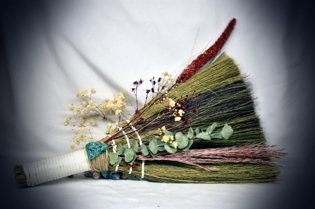 Witches Broom/Besom - With Green Crystal & Baby's Breath