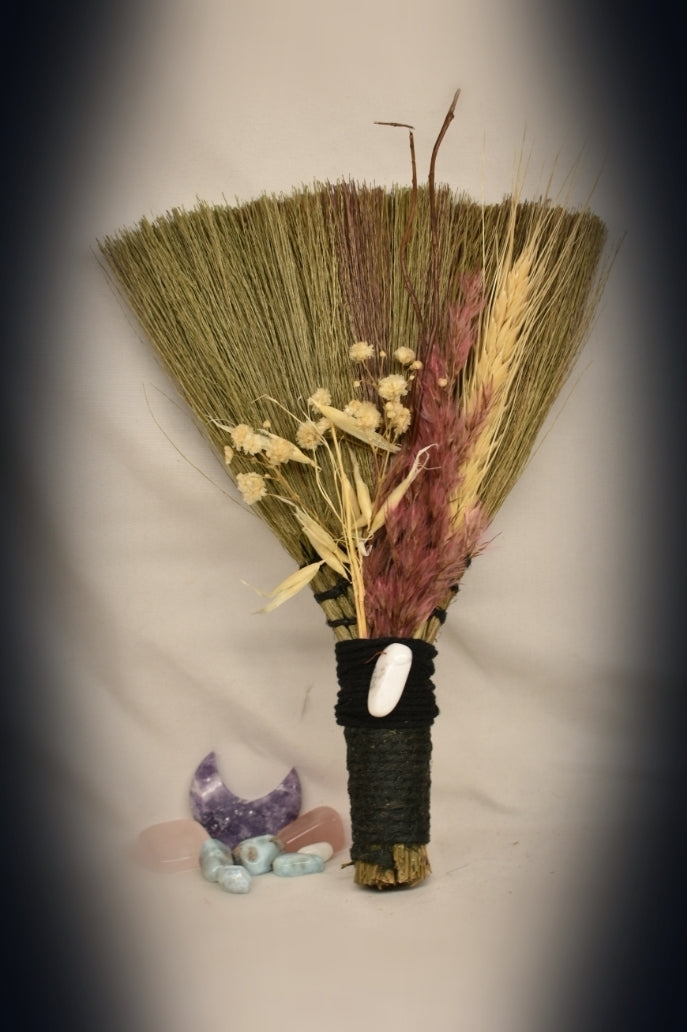 Witches Broom/Besom - With Howlite Stone & Pink Foliage