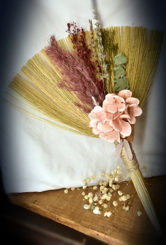 Witches Broom/Besom - With Pink Flowers, Cinnamon, Rose Quartz