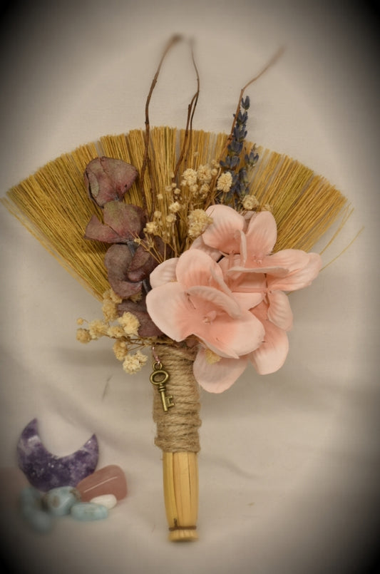 Witches Broom/Besom - With Pink Flowers & Key Charm