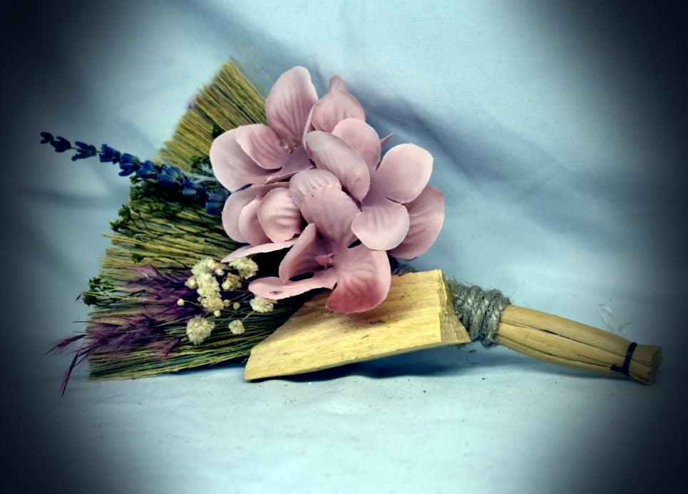 Witches Broom/Besom - With Pink Flowers & Palo Santo Stick