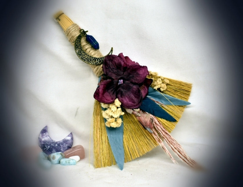Witches Broom/Besom - With Purple Flowers & Blue Lapis