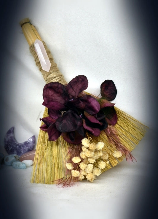Witches Broom/Besom - With Purple Flowers & Rose Quartz