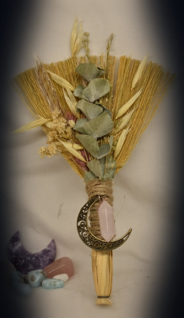 Witches Broom/Besom - With Rose Quartz & Gold Moon