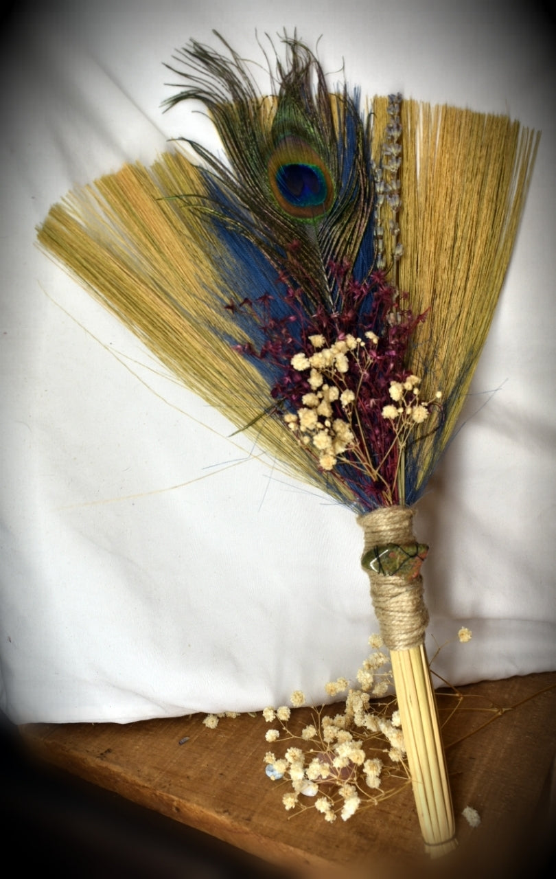 Witches Broom/Besom - With Unikite & Peacock Feather