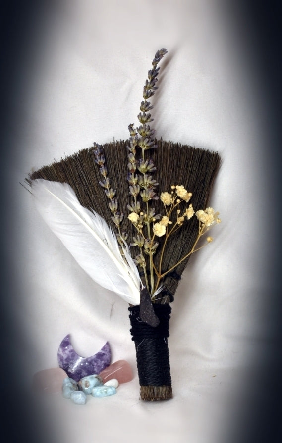 Witches Broom/Besom - With White Feather & Black Lava Stone