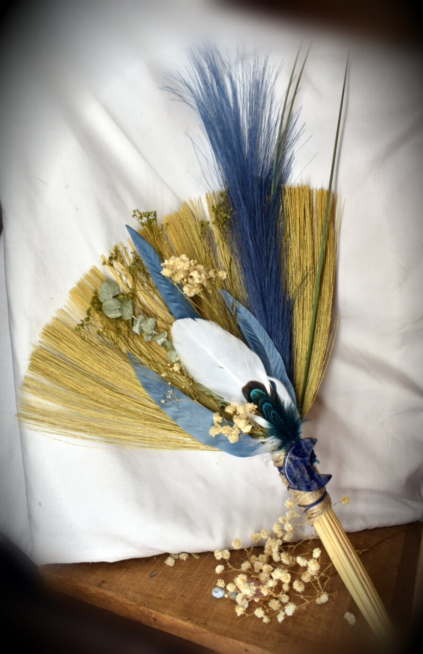Witches Broom/Besom - With White Feather & Lapis Moon